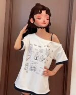 White harajuku kawaii t-shirt with cartoon illustrations and a model wearing it.