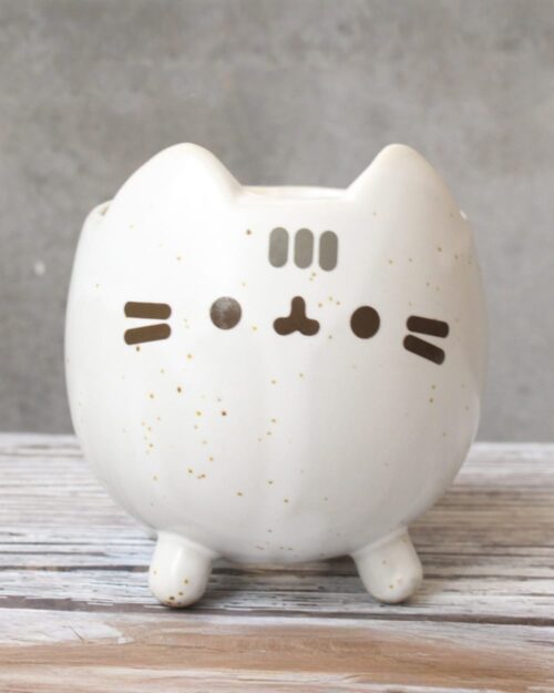 Cute pusheen flower pot ceramic planter with gold speckles.