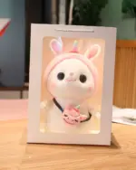 Kawaii bunny plushie, Cotton the Adventurous Rabbit, displayed in its packaging.