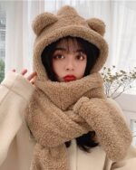 Fluffy bear ear scarf set featuring a hooded scarf and gloves, warm and cozy winter accessories.