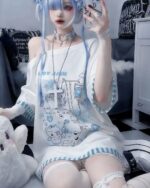 Blue nurse cat shirt with cute medical illustrations, cutecore aesthetic.