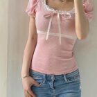 Lace Edge Square Collar Top - Coquette Aesthetic word1