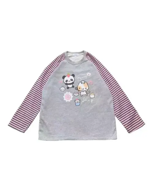Grey Cat Cafe Sweatshirt - Kawaii cat hoodie with stripe sleeves and cute cartoon cats.