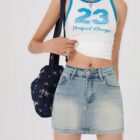High Waist Denim Skirt - Y2K Aesthetic, light wash denim mini skirt.