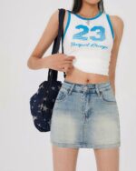 High Waist Denim Skirt - Y2K Aesthetic, light wash denim mini skirt.