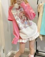 Printed pink kawaii t-shirt featuring a cute anime-style illustration, oversized fit.