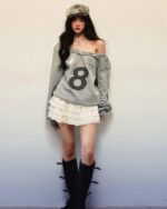 Gray coquette aesthetic sweatshirt with number 8, styled with a layered outfit.