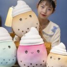 Set of cute bubble tea plushies with visible 'bubbles' and smiling faces.
