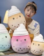 Set of cute bubble tea plushies with visible 'bubbles' and smiling faces.