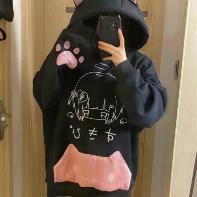 Black Pink Cat Hoodie - Cutecore Aesthetic すきび