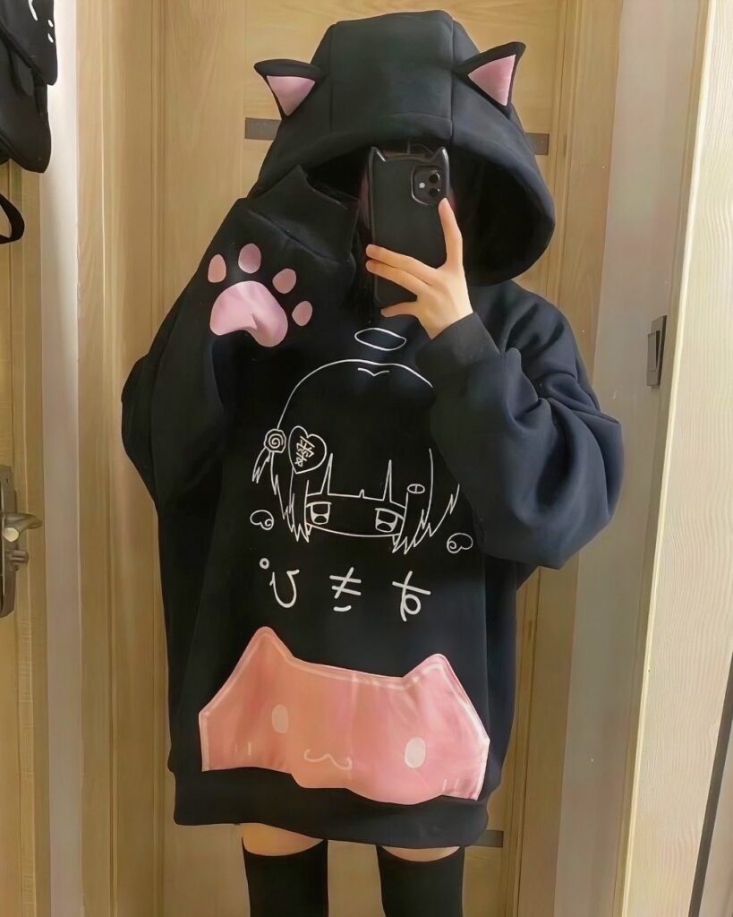 Black pink cat ear hoodie featuring a cute cat design and pink accents.