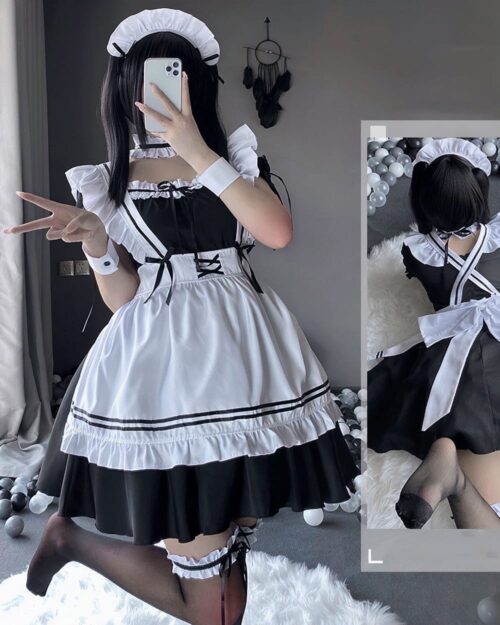 Soft Girl Japanese Lolita Maid Costume featuring a black and white frilly dress, matching accessories, and stockings.
