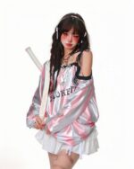 Off Shoulder Sport Sweatshirt - Coquette Aesthetic sweatshirt with pink ombre and graphic print.