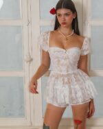 White coquette mesh dress with puffed sleeves and a sweetheart neckline, floral princess style.