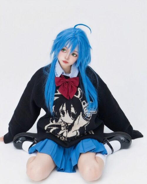 Model wearing a Black lucky star sweater with an animecore design.
