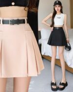 High Waist Casual Skirt - Korean Aesthetic, pleated skirt with belt detail.