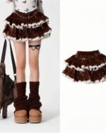 Brown tiered ruffle skirt with lace trim, showcasing a layered, voluminous design. Product keyword: tiered ruffle skirt