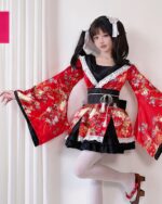 Red and white fox kimono with floral print, Japanese Lolita style costume.