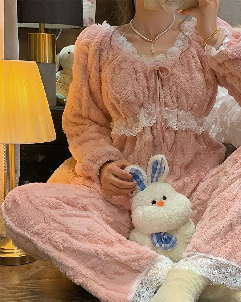 Flannel lace court pajamas, a Victorian sleepwear set with a plush bodice and lace trim.