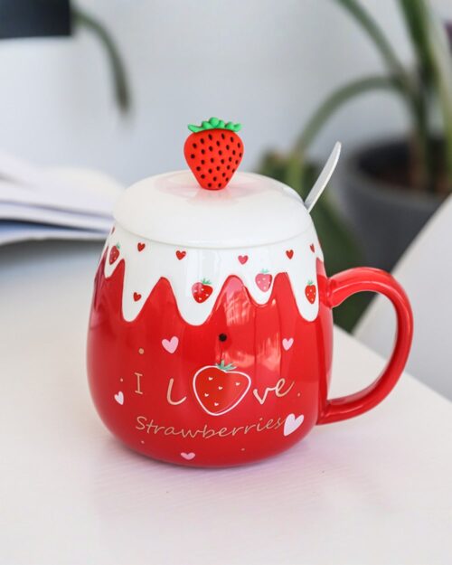 Red strawberry ceramic mug with a strawberry lid and handle. Product keyword: strawberry ceramic mug.
