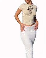 Cream Jam Cat t-shirt featuring a cat wearing headphones. Cotton short-sleeve top.