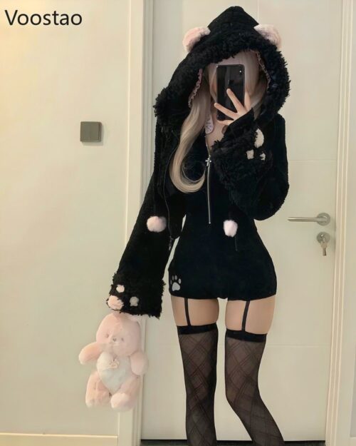 Black cat jumpsuit set featuring a hooded, furry design with paw accents and thigh-high stockings.