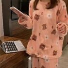 Bear Print Coral Pajamas Suit - Korean Aesthetic word1