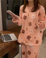 Pink bear print korean aesthetic pajamas suit, cozy loungewear design.