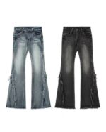 Two pairs of y2k vintage jeans, featuring distressed denim and fringe detailing.