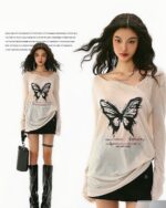 American Style Long Sleeve Thin T-shirt - FairyCore featuring a large butterfly print design.