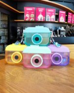 Colorful kawaii camera bottle set, portable drinking bottle with lens design.