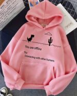 Red dinosaur gamer hoodie featuring an 'offline' message and Minecraft icon.