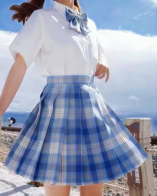 Blue plaid jk skirt with pleats, part of a kawaii school uniform outfit.