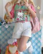 Kawaii Sweet Wishes Tee - Lolita Aesthetic showcasing a pastel outfit with cute character graphics.