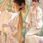 Two women wearing a Hanabi Pattern summer yukata dressing, featuring a floral design.