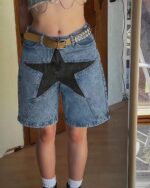 Loose star denim shorts in a y2k aesthetic, featuring distressed detailing and a unique patchwork design.
