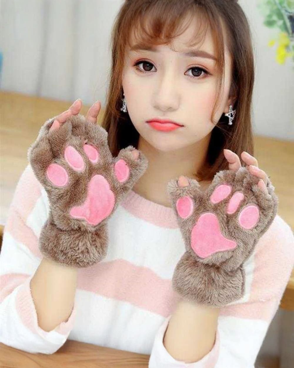 Neko Paw Gloves - Winter Collection, brown plush paw-shaped gloves for hands.
