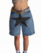 Distressed y2k star shorts with patchwork detailing and a high waist. Denim shorts featuring a unique design.
