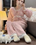 Flannel lace court pajamas - Victorian sleepwear set with floral details and lace trim.