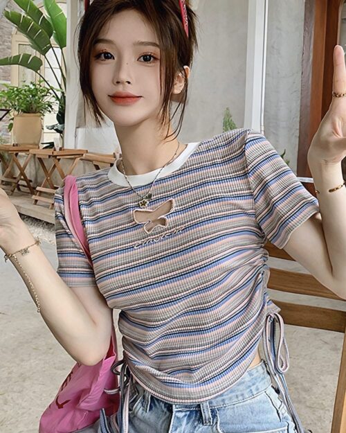 Stripped butterfly top in korean aesthetic style, striped short sleeve shirt.