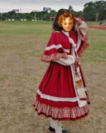 Red Cape Puffy Dress - Classic Lolita Aesthetic, a full-length dress with a cape and ruffles.