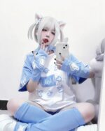 Sky Blue Gaming Tee - Harajuku Aesthetic featuring a gamer girl cosplay outfit with blue accents and pixel design.
