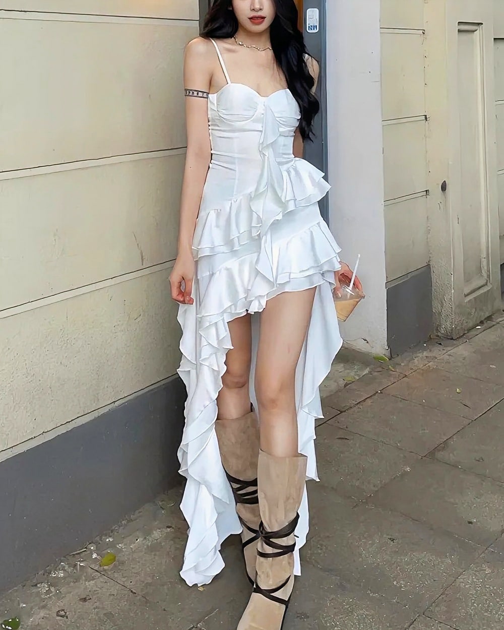 White ruffled sling dress - Coquette aesthetic dress, featuring ruffles and a high slit.