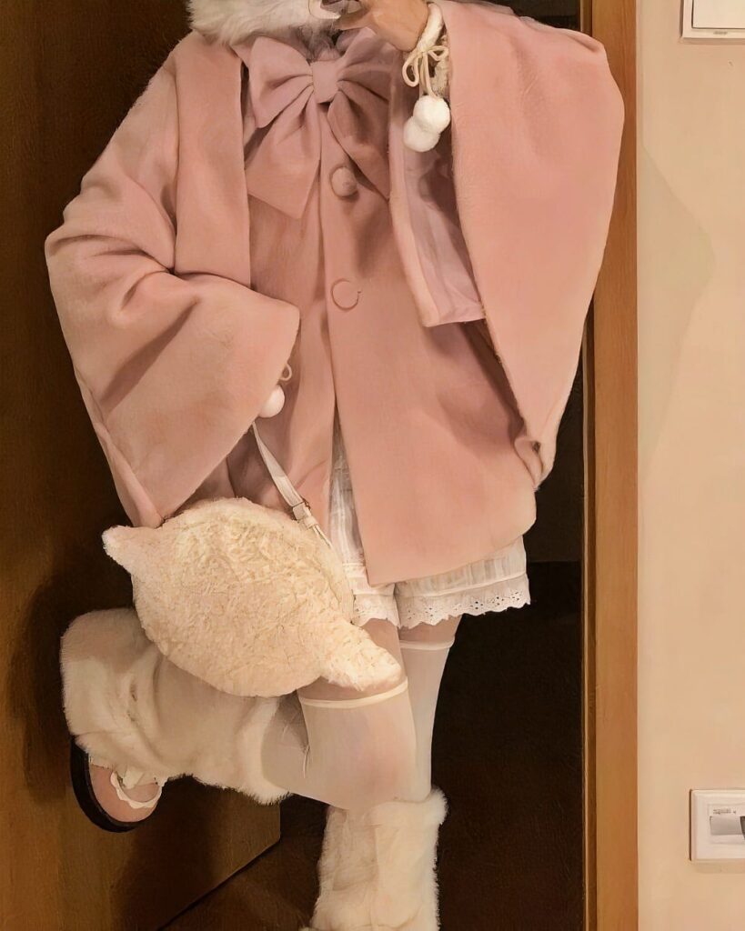 Pink lolita hooded coat worn by a person, featuring a bow and plush toy.