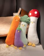 A set of long vegetable plushies - Gourmet Edition, including carrot, broccoli, and mushroom plushies.