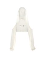 White hooded cut out top featuring a gothic aesthetic. It has a cropped design and chain detailing.