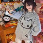 Cute Neko Print Gray Hoodie - Harajuku Aesthetic word1