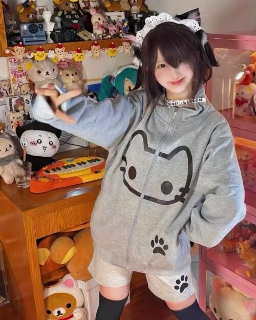Cute Neko Print Gray Hoodie - Harajuku Aesthetic