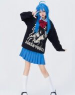 Black lucky star sweater featuring a graphic print, worn by a model in an Animecore style.