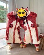 Red kawaii animal nightgown, coral fleece long thickened nightgown, plush pajama set.